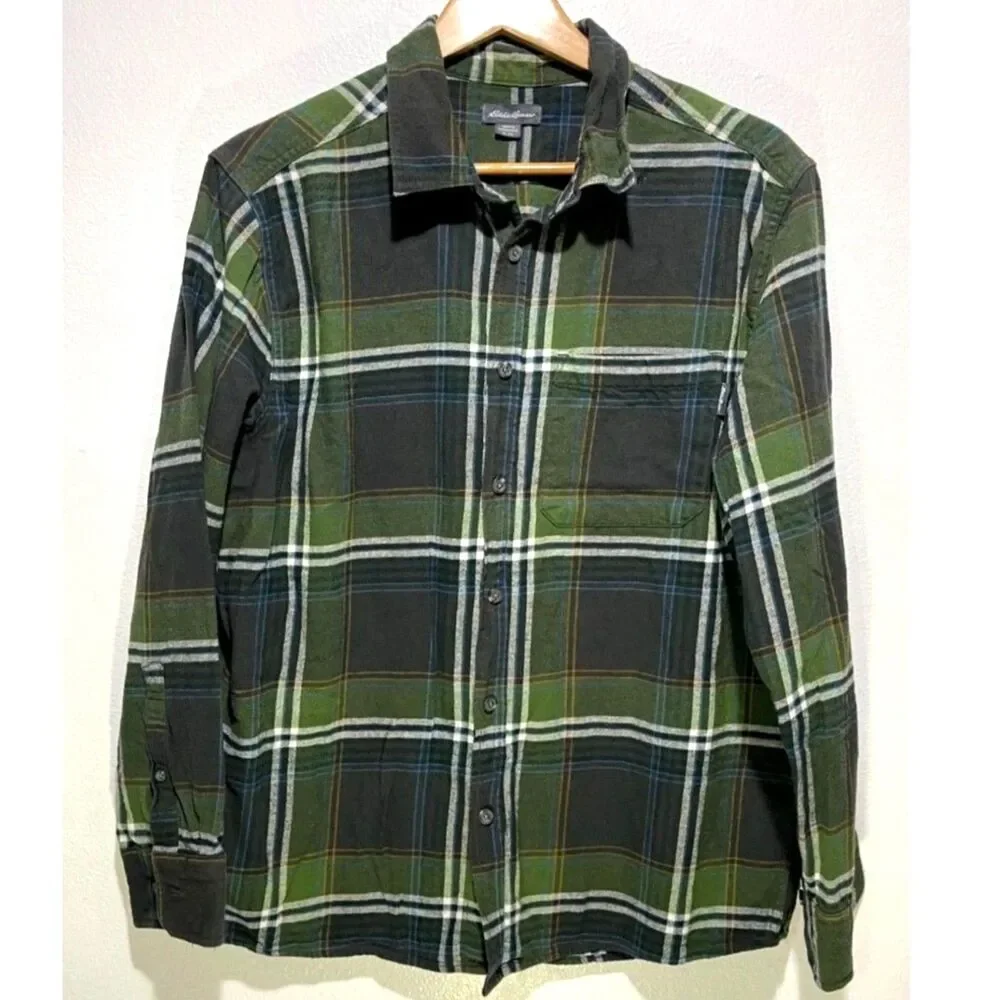Eddie Bauer buttonup shirt plaid flannel fall winter green casual country men XL